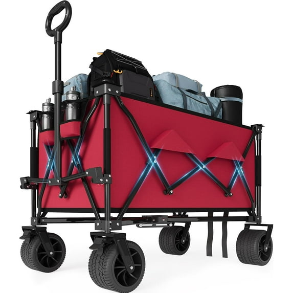 Heavy Duty Foldable Wagon for Beach, Extra Large Collapsible Foldable Wagon for Camping, All Terrain Beach Wagons Extended with Cup Holders for Sand