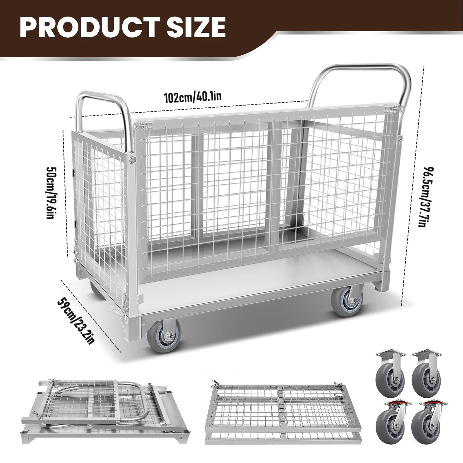 Heavy Duty Foldable Wire Mesh Warehouse Cart, 2200LBS Capacity 40.1"×37.7"×23.2" Industrial Hand Truck with 360° Wheels, Multi-use Transport Cart for Logistics, Storage, Moving