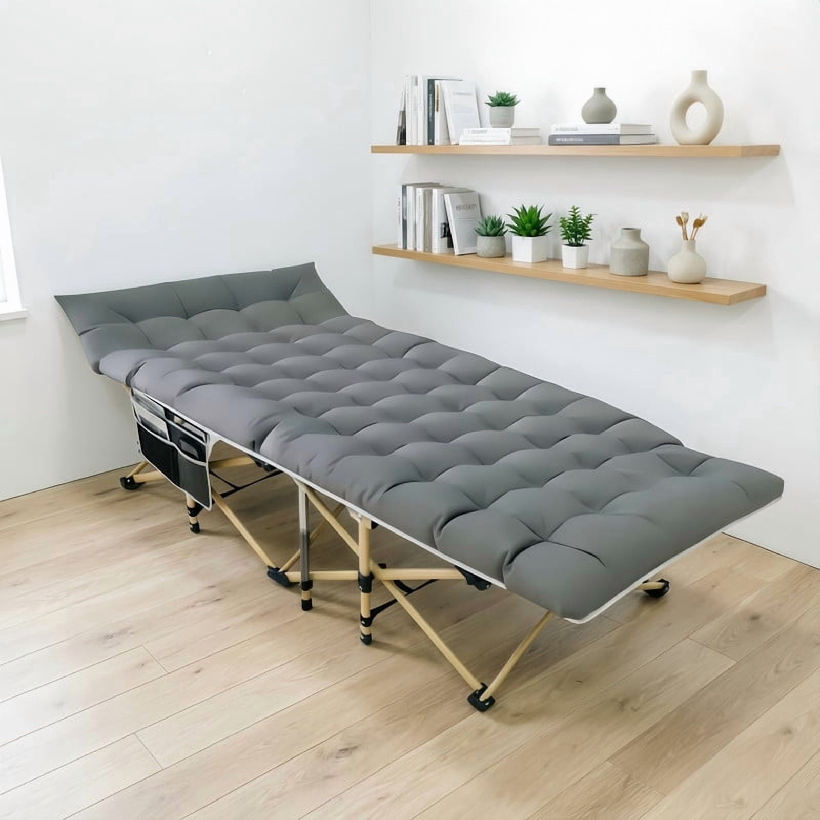 Heavy-Duty Folding Bed Frame with Adjustable Backrest, Portable Camping Cot, Indoor/Outdoor Daybed with Removable Pad