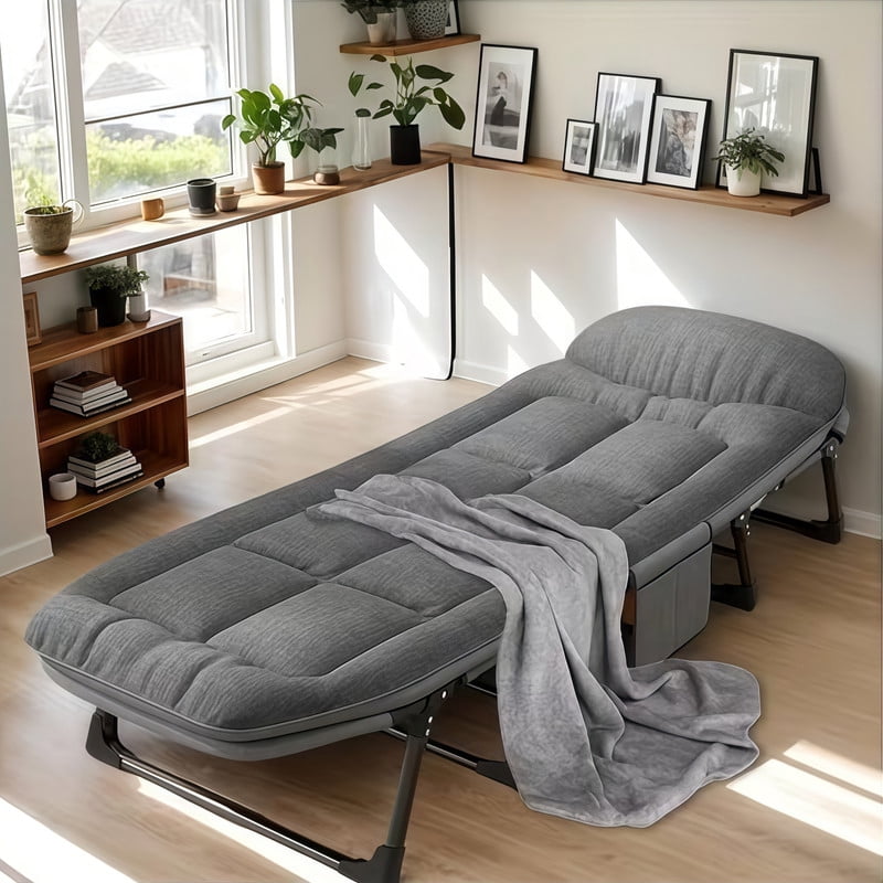 Heavy-Duty Folding Bed Frame with Adjustable Backrest, Portable Camping Cot, Indoor/Outdoor Daybed with Removable Pad