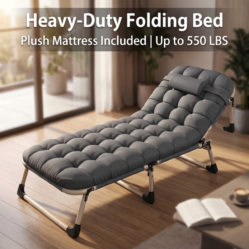 Heavy-Duty Folding Bed with Plush Mattress, 550 LBS Capacity Foldable Cot with Adjustable Backrest & Ergonomic Pillow, Portable Guest Bed for Adults, Office Nap, and Outdoor Camping