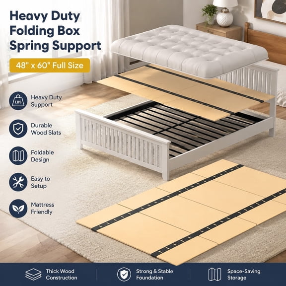 Heavy Duty Folding Box Spring, Thick Mattress Support Wood Floor Slats, Foldable Bed Foundation, 48"x60