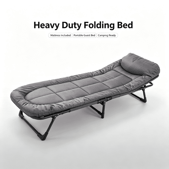 Heavy Duty Folding Camping Bed with Flip-Up Cotton Mattress, Portable Guest Bed for Adults & Teens