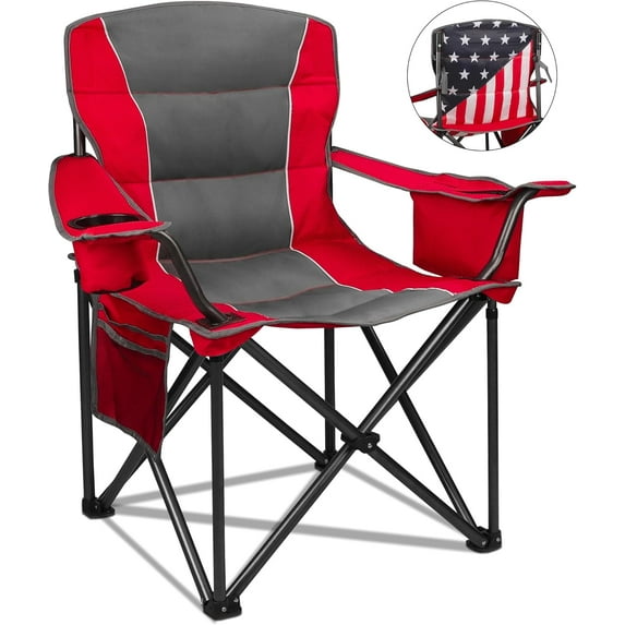 Heavy Duty Folding Camping Chair, Outdoor Oversized Camping Chair w/Cup Holder & Cooler Bag, Portable Padded Lawn Chair for Beach Picnic Sports, U.S. Flag(Red)
