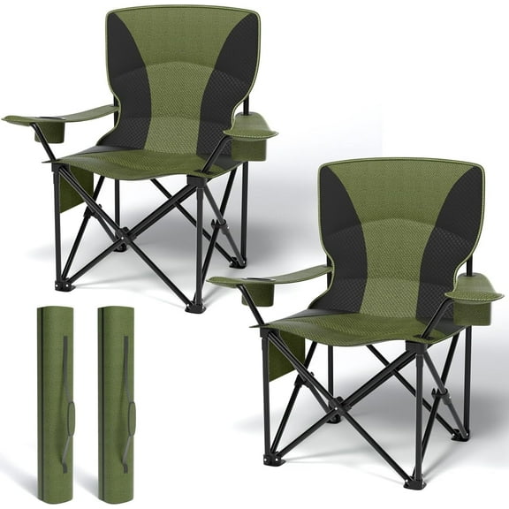 Heavy Duty Folding Chair 500LB Capacity, Oversized Camping Chairs with Cup Holder, Cooler Bag & Storage Pouch, Outdoor Chairs for Sports, Lawn Chairs (2, Black Green, Extra Large)
