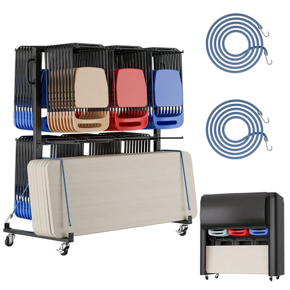 Heavy-Duty Folding Chair Storage Cart with Wheels - Holds 84 Chairs or 42 Chairs & 12 Tables, Includes Weatherproof Cover & 2 Elastic Cords