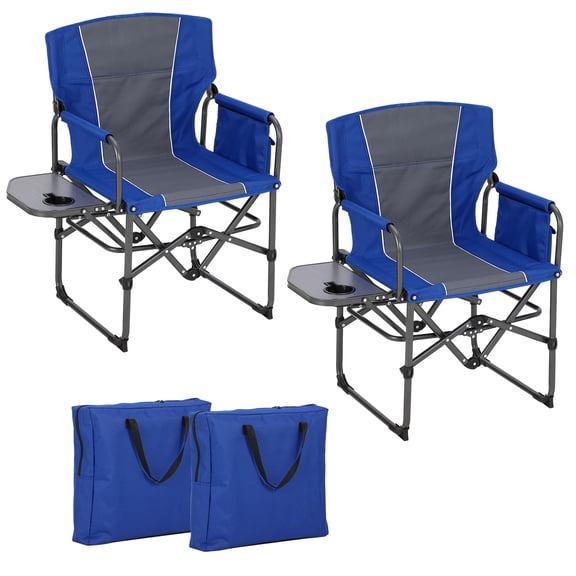 Heavy Duty Folding Director's Camping Chair, Portable Outdoor Chair with Side Table, Pocket and Cup Holder, 400 lbs Support, Blue