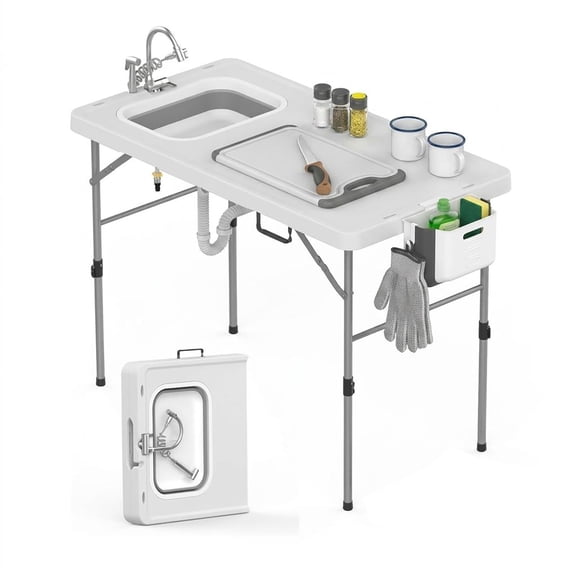 Heavy Duty Folding Fish Cleaning Table with Basin and Faucet – Portable Outdoor Fillet Station – HDPE Tabletop, Powder Coated Steel Legs, Weatherproof Design