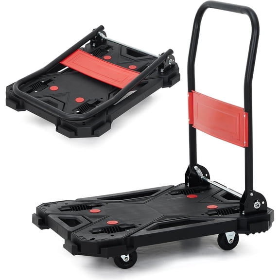 Heavy-Duty Folding Flatbed Platform Cart, 330 lb Capacity - Adjustable Handle - 4 Wheels with Swivel Casters - Non-Slip Deck - Connectable Design - Easy-Store, Black/Red, English region