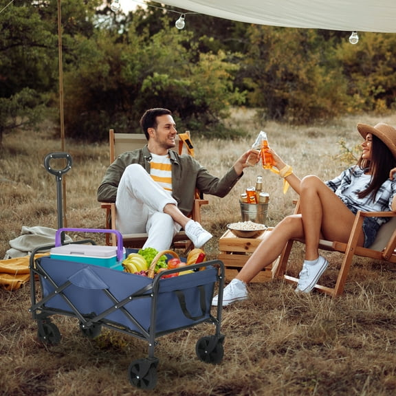 Heavy Duty Folding Garden Cart, 220lbs Capacity Beach Wagon with 600D Oxford Fabric & Steel Frame, Collapsible Utility Cart for Gardening, Groceries, Outdoor Activities (Blue/Silver)