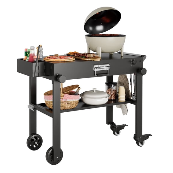 Heavy Duty Folding Grill Cart for Blackstone 17"/22" Griddle Portable Outdoor BBQ Table with Stainless Steel Tabletop, Locking Wheels Rolling Catering Food Cart for Camping, RV, Black, 1pcs