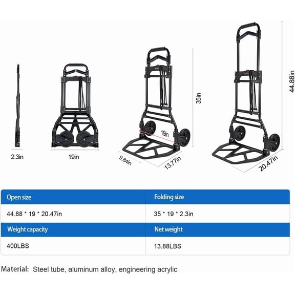 Heavy-Duty Folding Hand Truck, 400 lbs Capacity, Portable Moving Dolly with Telescoping Handle, Black