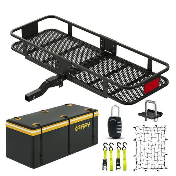 Heavy Duty Folding Hitch mount Cargo Carrier Load Capacity 500 Lbs 60" X 20" X 6" Trailer Fold up Luggage Basket with Stablizer Waterproof Bag Net Ratchet Straps Combination Lock for SUV Pickup