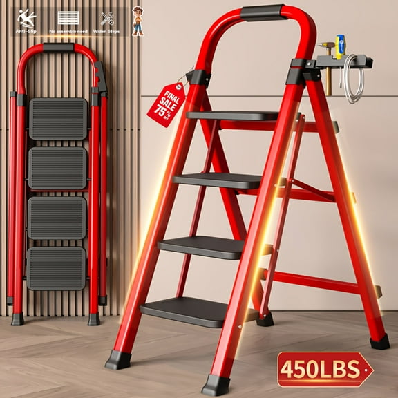 Heavy Duty Folding Ladder with Anti-Slip Steps, 450lb Capacity Steel Ladder for Garage, Warehouse & Home Use