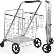 Heavy Duty Folding Shopping Cart Utility Jumbo Double Basket 330lbs Silver