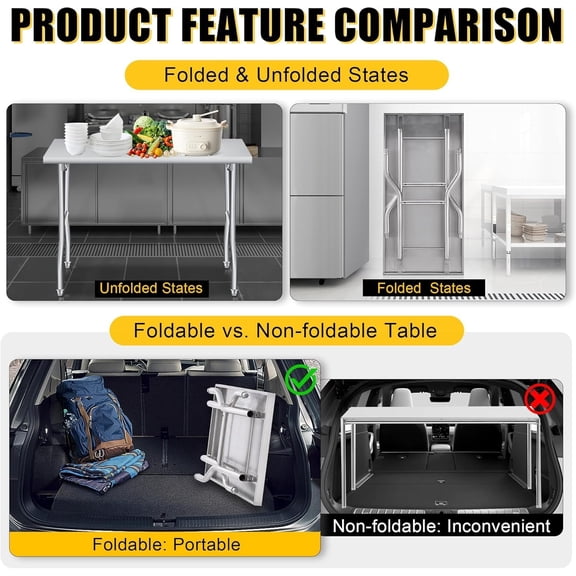 Heavy Duty Folding Stainless Steel Prep Table - Portable Metal Workbench, 400 LB Capacity, No Assembly Needed, for Kitchen, Laundry, Restaurant, Camping - Single Layer, 48*24*34in