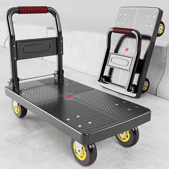 Heavy Duty Folding Utility Cart 600 lbs Load Capacity Reinforced Steel Frame Thick Platform Silent Rubber Wheels Space Saving Trolley for Home Garage 4 Inch 5 Inch Wheels Black