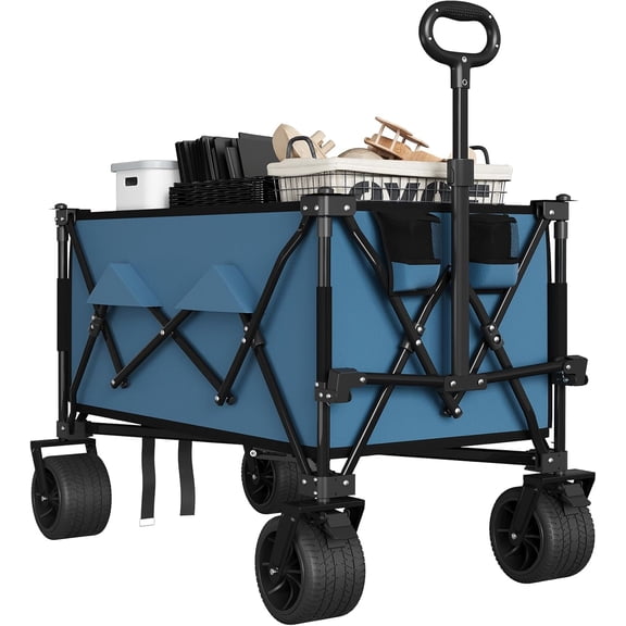 Heavy Duty Folding Utility Wagon Cart, 350LB Capacity & 10 Cu Ft, All-Terrain Wheels for Beach, Grocery Shopping, Camping, Garden, Adjustable Handle, Collapsible Storage Cart, Black