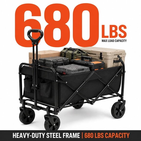 Heavy-Duty Folding Utility Wagon Cart, All-Terrain Collapsible Garden and Beach Wagon with 5-Inch Wheels, Multi-Purpose Portable Hand Cart for Camping, Shopping, Moving and Outdoor Use
