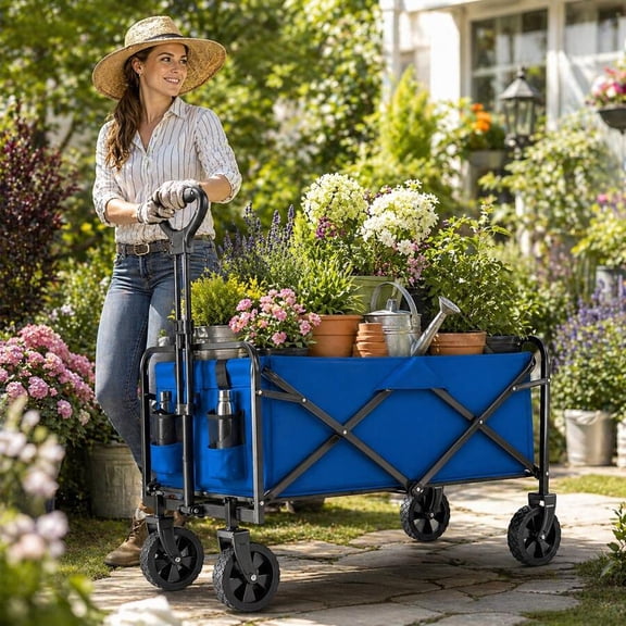 Heavy-Duty Folding Utility Wagon Cart, All-Terrain Collapsible Garden and Beach Wagon with 5-Inch Wheels, Multi-Purpose Portable Hand Cart for Camping, Shopping, Moving and Outdoor Use