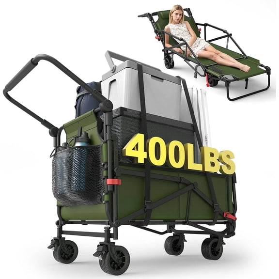 Heavy Duty Folding Wagon - 2-in-1 Collapsible Cart, 400 lb Capacity, All-Terrain Wheels with Brakes & Side Pockets (Army Green)