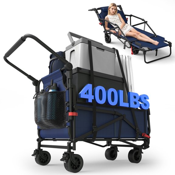 Heavy Duty Folding Wagon, 2-in-1 Collapsible Cart, 400lb Capacity, All-Terrain Wheels w/Brakes & Side Pockets, Blue