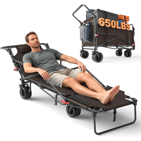 Heavy Duty Folding Wagon - 2-in-1 Collapsible Cart, 650lb Capacity, All-Terrain Wheels w/Brakes & Side Pockets (Brown)