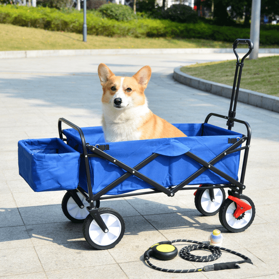 Heavy Duty Folding Wagon Cart - 150 LBS Capacity Collapsible Garden, Beach & Shopping Rolling Cart with 360° Wheels & Brakes, All-Terrain Utility Cart (Blue)