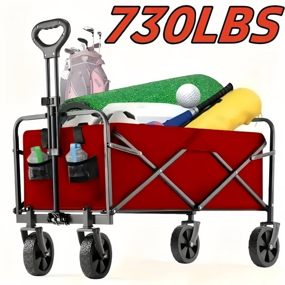 Heavy-Duty Folding Wagon Cart 330-730lbs Capacity, 360° Rotating Wheels, Stainless Steel Frame, Adjustable Handle & Cup Holder, All-Terrain Utility Cart for Camping Beach Picnic Gardening Sports