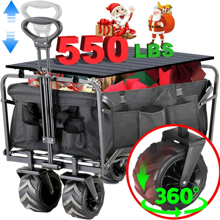 Heavy Duty Folding Wagon Garden Cart with Aluminum Table Plate, Outdoor Camping Wagons, Grocery Portable Utility Cart, Adjustable Rolling Carts, All