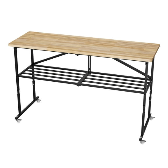 Heavy Duty Folding Workbench with Locking Casters, 2000 LBS Capacity Butcher Block Top Work Table, 3-Level Adjustable Height Utility Table for Garage Workshop Home Office