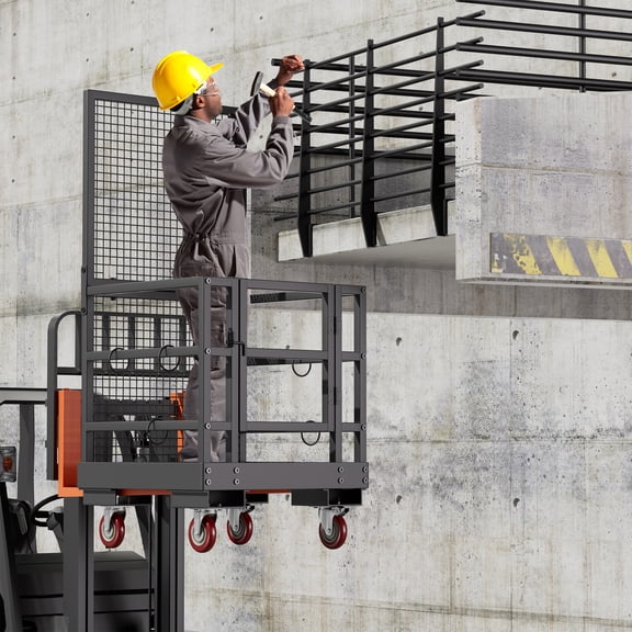 Heavy-Duty Forklift Safety Cage - 35.8x35.8 Inch Collapsible Platform, 1400lb Capacity with Locking Wheels & Drain Holes (Black)