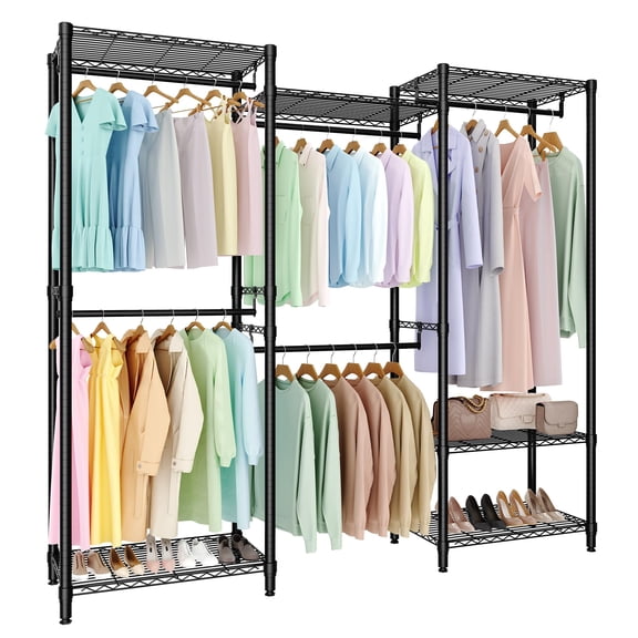 Heavy Duty Freestanding Clothes Rack for Bedroom or Cloakroom – Large Portable Metal Garment Wardrobe Closet with 6 Adjustable Shelves & 5 Hanging Rods – 1430 lbs Capacity – Black – 3 Combinations