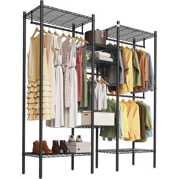 Heavy-Duty Freestanding Clothes Rack with Shelves, Adjustable Closet Garment Rack for Hanging Clothes, Max Load 1000 lbs, Black
