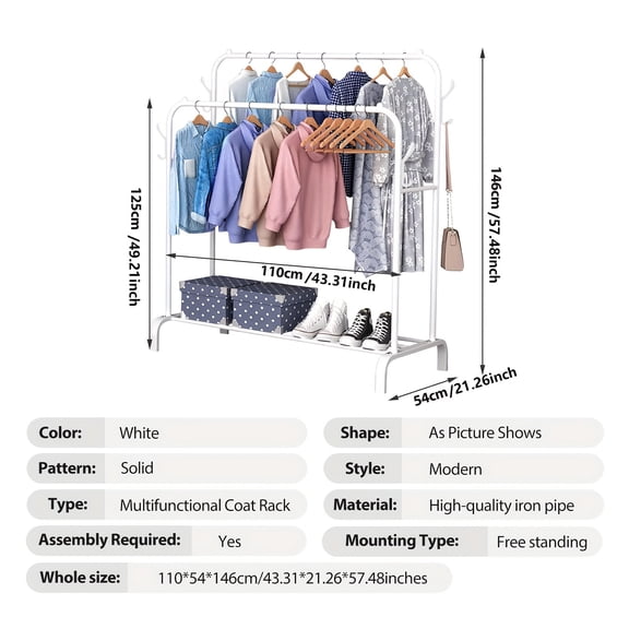 Heavy-Duty Freestanding Coat Rack with Double Rail - Carbon Steel Garment & Shoe Storage Shelf, 43.3" Wide Space-Saving Organizer for Home, Bedroom, Office - Black