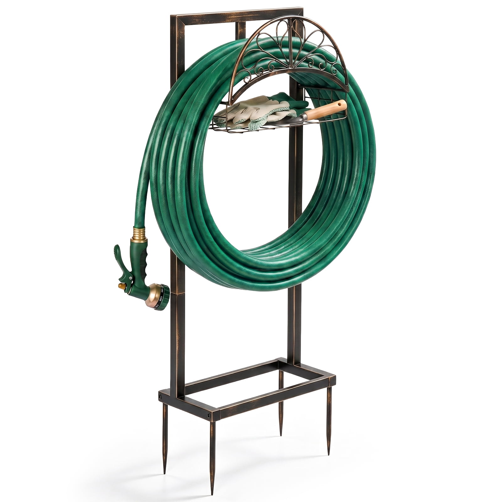 Heavy-Duty Freestanding Garden Hose Holder with Storage Basket