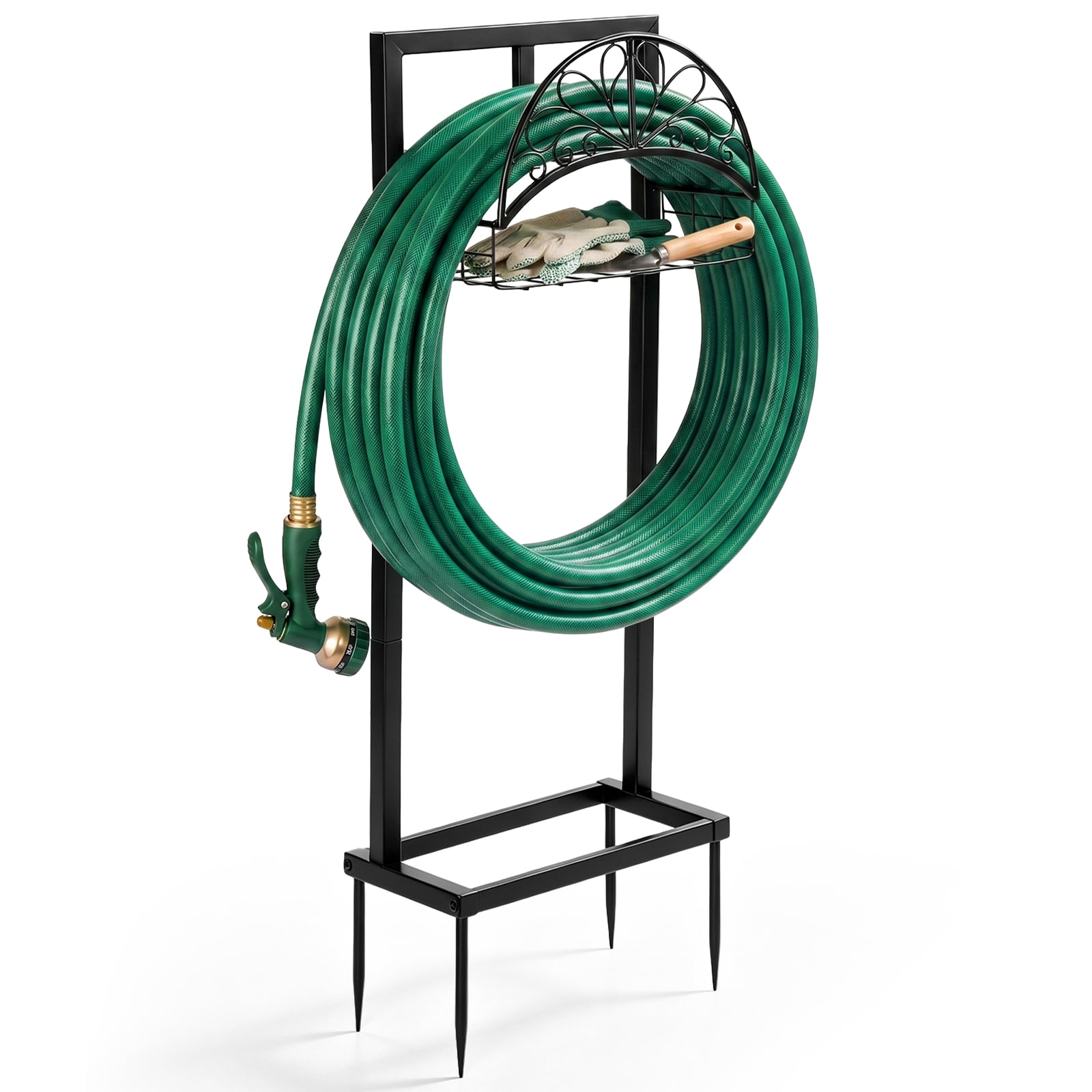 Heavy-Duty Freestanding Garden Hose Holder with Storage Basket