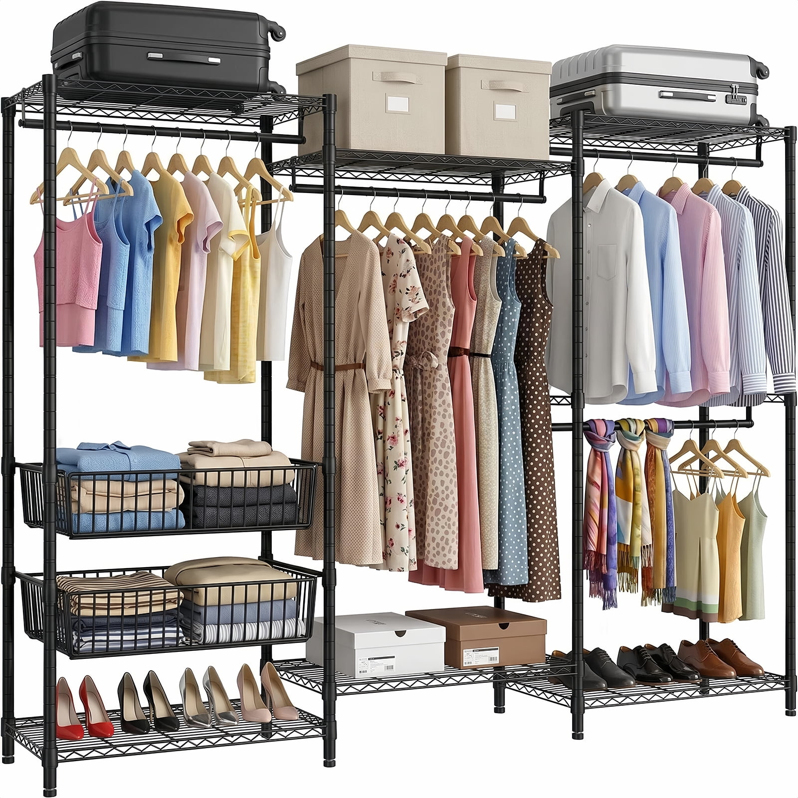 Heavy Duty Freestanding Garment Rack, 68.5"W Metal Clothing Rack with 4 Hanging Rods, 6 Adjustable Shelves & 2 Wire Baskets, Black for Bedroom Closet Storage
