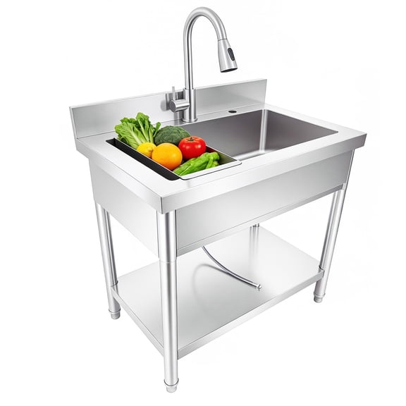 Heavy Duty Freestanding Utility Sink with Cold and Hot Water Pipe and pull-out Faucet, Commercial Kitchen Sink, Indoor and Outdoor Sink for Canteen