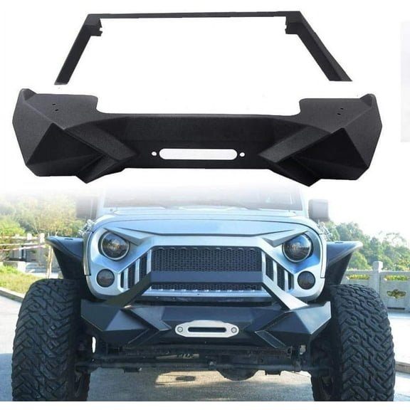 Heavy-Duty Front Bumper with Winch Plate for Wrangler JK (2007-2018)JL - Robust Black Textured Manganese Steel Construction, Ideal for On and Off-Road Adventures