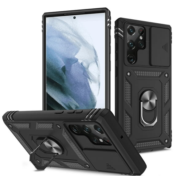 Heavy Duty Full Body Designed Case for Samsung Galaxy S22 Ultra 6.8 Inch , Shockproof Galaxy S22 Ultra Case Camera Cover Slide Lens Charge Port Built-in 360° Rotate Ring Kickstand