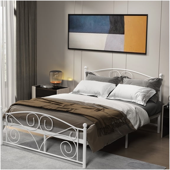 Heavy Duty Full Metal Platform Bed Frame, Tool-Free Assembly, No Box Spring, Reinforced Flower Support for Memory Foam Mattress