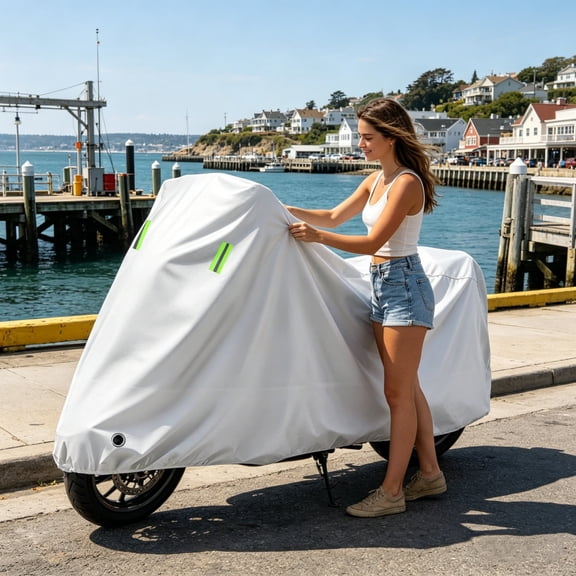 Heavy Duty Full Size Outdoor Motorcycle Cover, Rainproof Shell With Reflective Strips, Premium Uv Sun Shielding Layer, Season Protective Gear for Outdoor Parking/Long Term Vehicle Storage, White-S