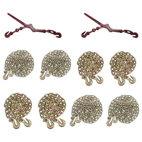 Heavy Duty G70 Transport Binder Chain Kit with Clevis Grab Hooks (2PK) 5/16" x 12FT, (2PK) 5/16" x 20FT & 3/8" x (2PK) 12FT Tow Chains, 4,700 & 6,600 lbs WLL