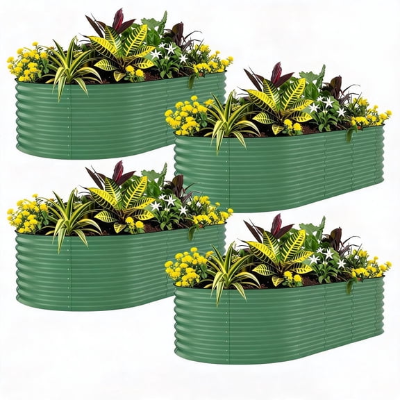 Heavy Duty Galvanized Metal Raised Garden Beds, 4 Pack 8x2x1.5FT – Deep Rust-Resistant Oval Planter Boxes with Anti-Cut Safety Edges for Outdoor Vegetables, Flowers, Herbs – Easy Assembly, Green