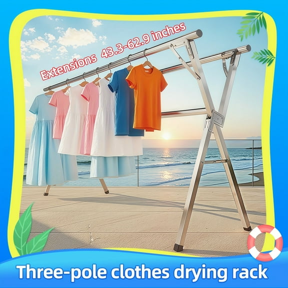 Heavy Duty Galvanized Pipe Clothes Drying Rack with 3 Hanging Rods - Portable Space-Saving Design for Bathroom, Bedroom, Dormitory - Rust-Resistant Easy-to-Clean Metal Frame