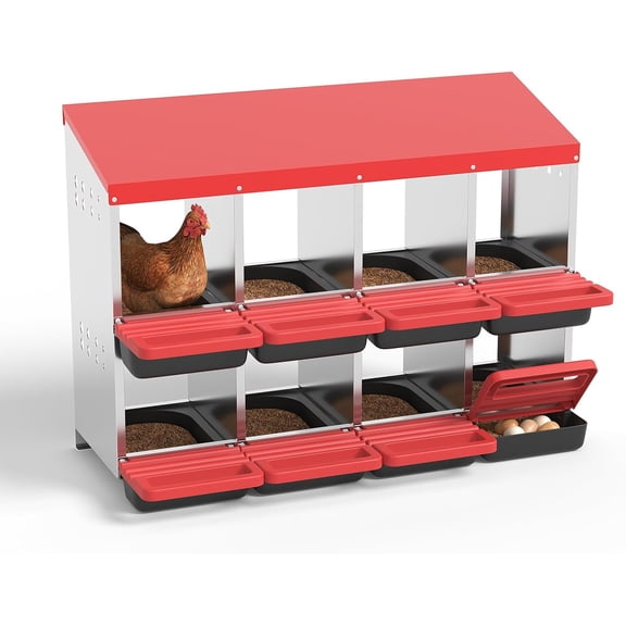 Heavy-Duty Galvanized Steel 8-Hole Chicken Nesting Box with Roll Out Tray – Wall-Mounted Laying Box with Lid, Vented Design, Easy Egg Collection & Cleaning for Hens, Ducks – Red