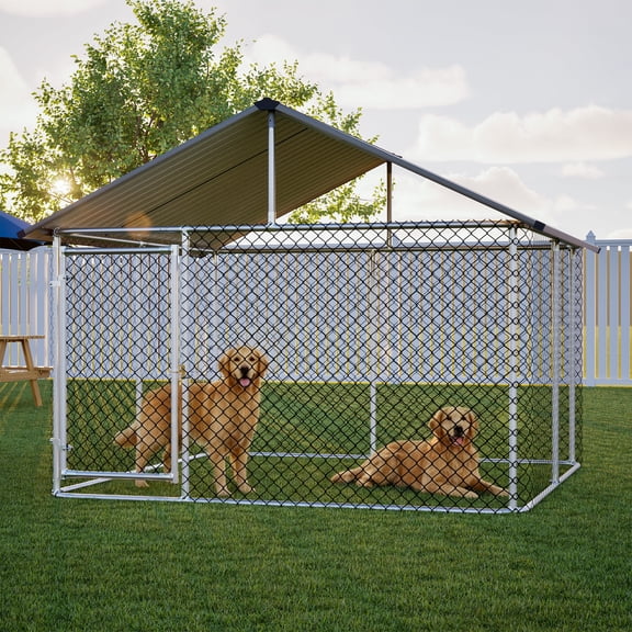 Heavy Duty Galvanized Steel Dog Kennel Outdoor Large Pet Enclosure with Waterproof UV-Resistant Roof, Secure Locking Door for Large Breed Dogs, Backyard, Patio - 91" x 90" x 73"