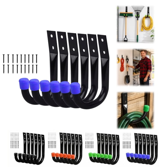 Heavy Duty Garage Hooks 6 Pack, Wall Mount J Utility Hooks for Tools and Ladders, Black Metal Storage Hangers with Screws, Indoor Outdoor Organization Rack System