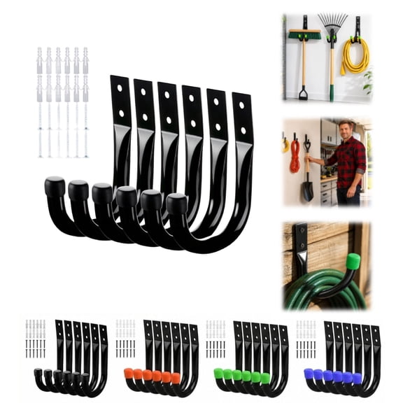 Heavy Duty Garage Hooks 6 Pack, Wall Mount J Utility Hooks for Tools and Ladders, Black Metal Storage Hangers with Screws, Indoor Outdoor Organization Rack System